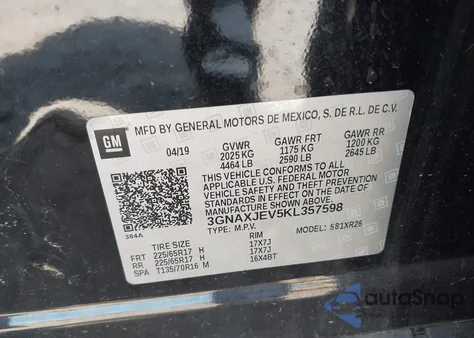 2019 Chevrolet Equinox Lt из США, поврежденный, VIN 3GNAXJEV5KL357598